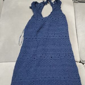 Navy Blue Crochet Halter Dress